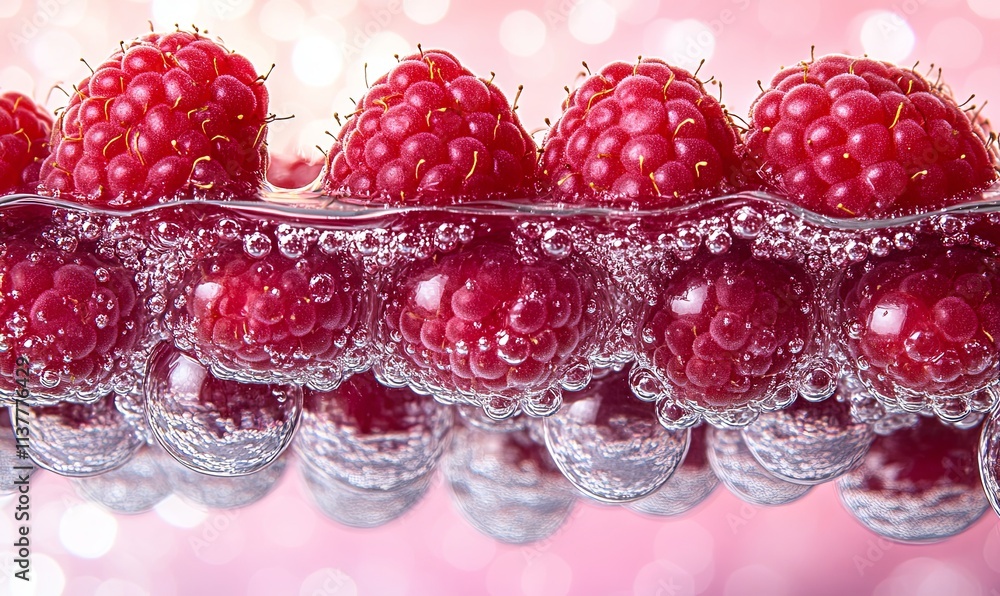 Poster fresh raspberries submerged in sparkling water, creating a vibrant and refreshing image with air bub