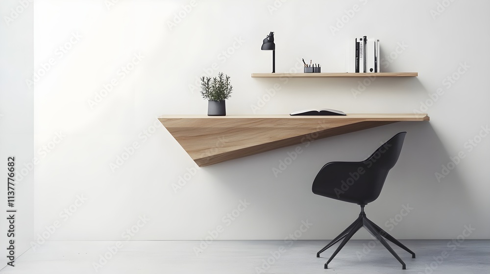 Canvas Prints A minimalist home office with a floating wooden desk, a black task chair, and a single shelf holding a small plant.