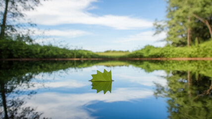 Fototapeta premium A vibrant green maple leaf floats serenely on a calm pond, reflecting the bright blue sky and surrounding greenery, creating a peaceful nature scene.