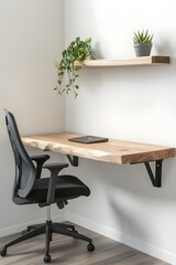 A minimalist home office with a floating wooden desk, a black task chair, and a single shelf holding a small plant.