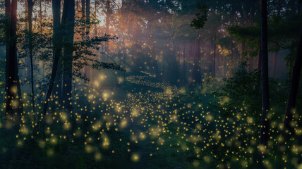 A magical scene of a misty forest filled with glowing fireflies, creating a dreamy atmosphere at dusk.