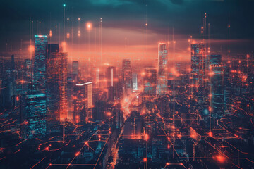 Obraz premium Futuristic high-tech city with advanced infrastructure, science fiction cityscape, fictional landscape created with generative AI