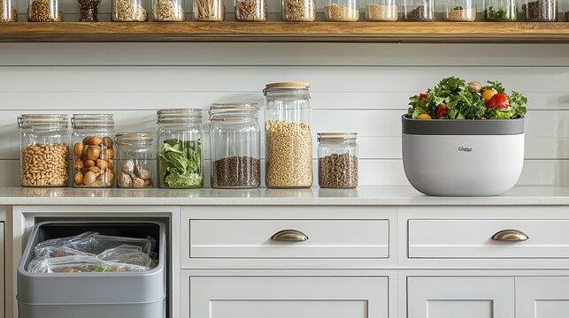 A serene kitchen environment showcasing reusable silicone food storage bags, neatly organized in a drawer next to a row of glass meal prep containers. A compost bin with an elegant, sleek design 