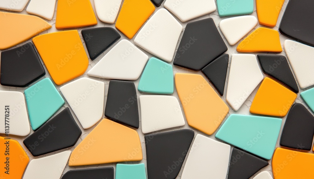 Poster a vibrant mosaic of colorful geometric tiles creating a dynamic pattern symbolizing creativity, dive