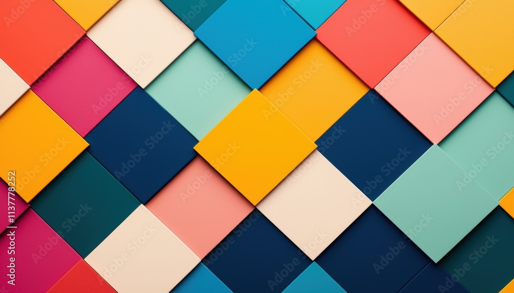 Poster a vibrant mosaic of colorful geometric tiles creating a dynamic pattern symbolizing creativity, dive