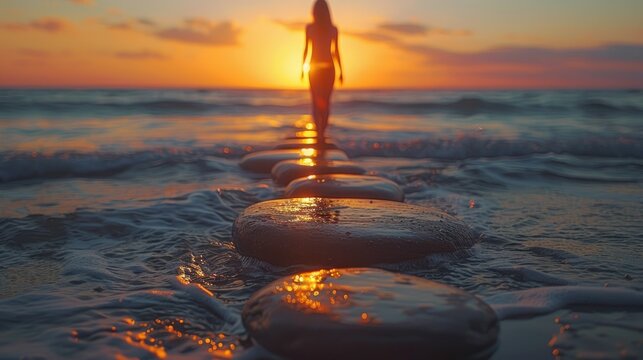 Woman walking on stepping stones at sunset ocean.
