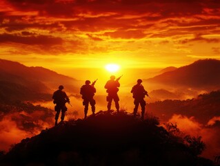 Obraz premium Armed soldiers silhouetted on a hill at sunrise symbolizing the unwavering commitment and unity of a team facing challenges together