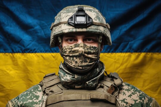 Armed soldier wearing camouflage facing forward with the Ukrainian flag behind symbolizing resilience, loyalty, and the spirit of protection