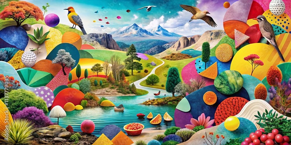 Poster playful abstract shapes in a collage style landscape, showcasing colorful blobs and organic forms me