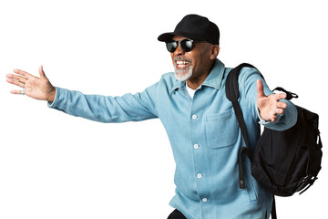 Cheerful black senior traveler wearing a cap mockup