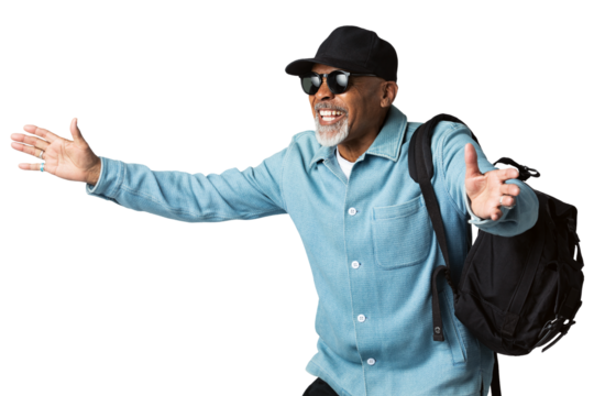 Cheerful black senior traveler wearing a cap mockup