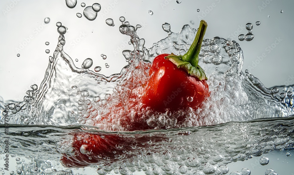 Aufkleber red bell pepper splashing into water, creating dynamic waves and bubbles.