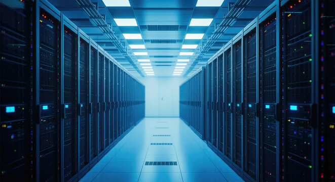 Abstract of modern high tech internet data center room with rows of racks with network and server hardware.