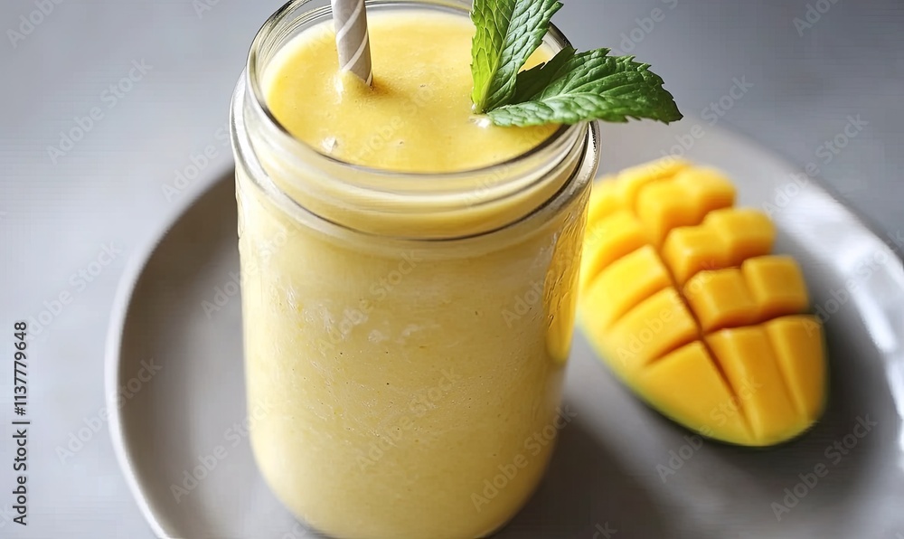 Poster refreshing mango smoothie in a mason jar with a slice of mango on a plate.