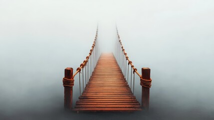 Fototapeta premium Serene wooden bridge disappearing into thick fog, capturing the peaceful mystique of a foggy landscape and a journey into the unknown.