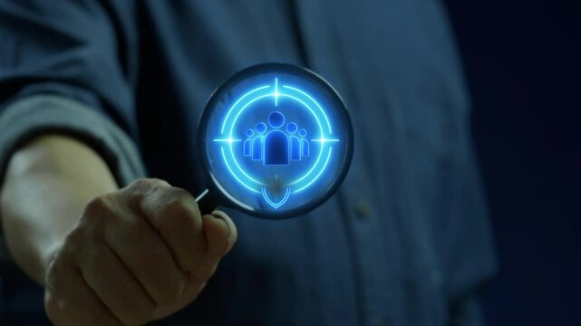 Recruitment icon, HR human resources solution concept. Management tool used to manage employee information in organization. Businessman with target icon and identity proofing on magnifying glass.