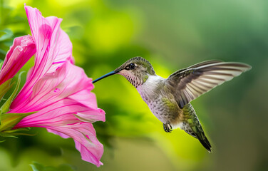 A vibrant hummingbird colibri near a flower in a tropical rainforest, capturing the beauty of nature and wildlife in action.