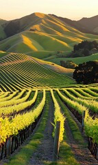 Fototapeta premium Rolling vineyard hills bathed in golden sunset light, showcasing rows of grapevines.