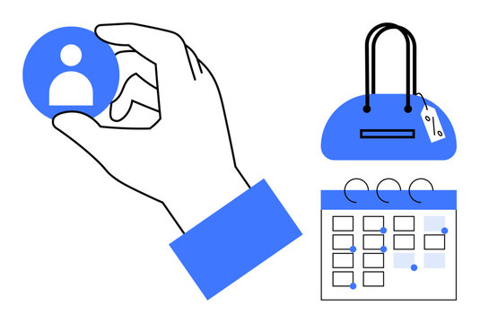 Hand holding user icon, handbag with price tag, and calendar with marked events. Ideal for business planning, online shopping, user management, event scheduling, customer service, time management