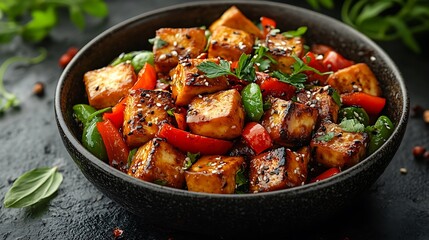 Sesame Glazed Tofu With Peppers and Herbs