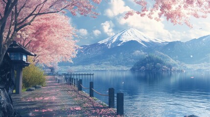 Serene lakeside stroll during cherry blossom season near a majestic mountain