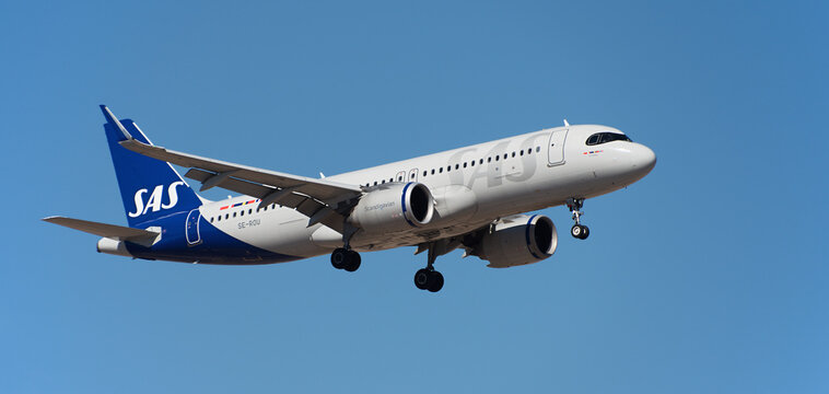 Tenerife, Spain  October 20st, 2024. Airbus A320-251N SAS Airlines flies in the blue sky. Landing at Tenerife Airport