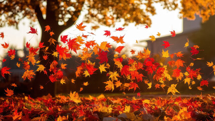 A vibrant capture of colorful autumn leaves in mid-air, illuminated by soft sunlight. The scene evokes feelings of warmth and nostalgia.