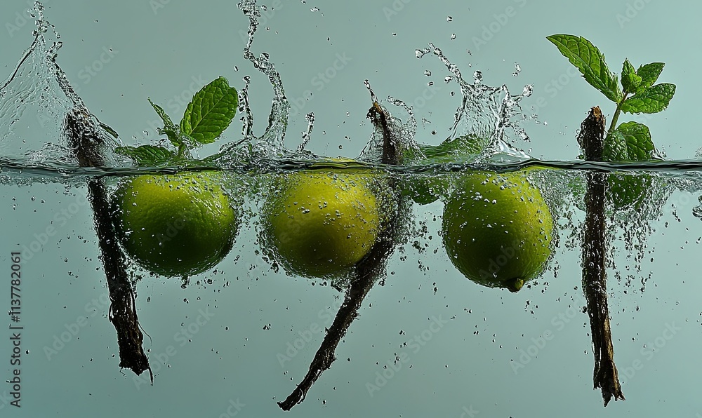 Poster three limes and mint sprigs submerged in water, creating splashing effect.