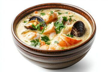 Creamy Seafood Chowder in Earthenware Bowl - Overhead View
