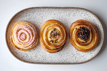 Fototapeta premium Three Colorful Spiral Pastries on a Speckled Plate