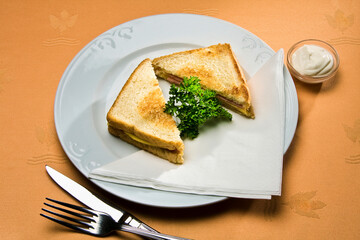 Sándwich tostado de jamón y queso servido con perejil decorativo en plato blanco.