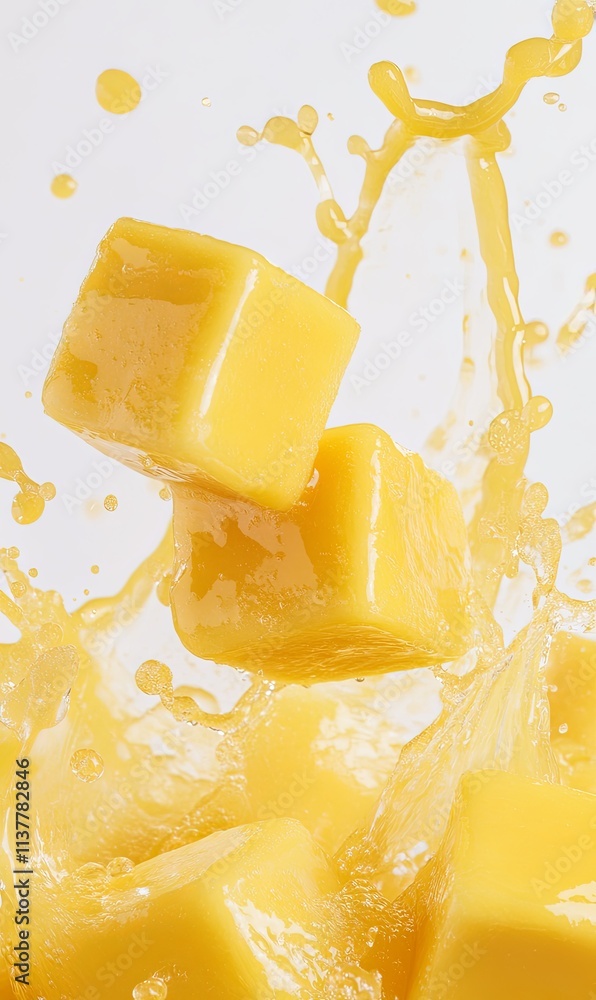 Poster two mango cubes splashing into mango juice, creating a vibrant, dynamic scene against a white backgr