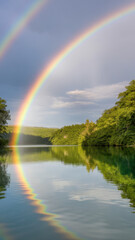 A stunning double rainbow arcs over a tranquil lake surrounded by lush greenery, reflecting vibrant colors in the calm water below.