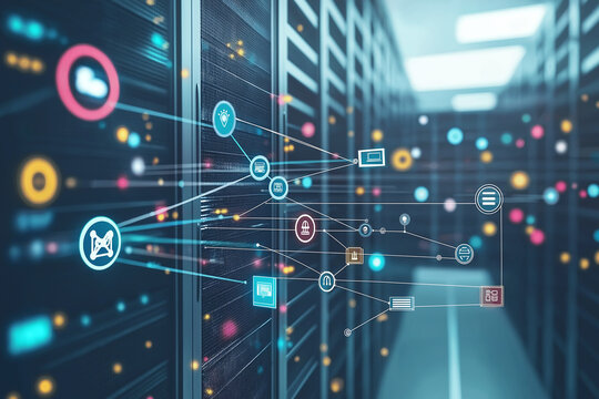 ICT - information and telecommunication technology and IOT - internet of things concepts. Diagrams with icons on server room backgrounds