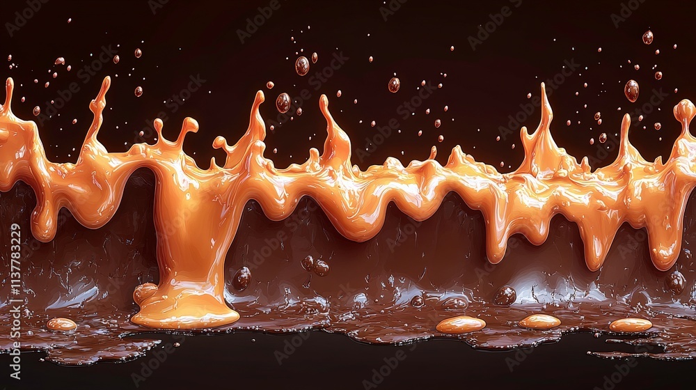 Poster dynamic splash of caramel over dark chocolate surface creating a visual contrast with rich textures 