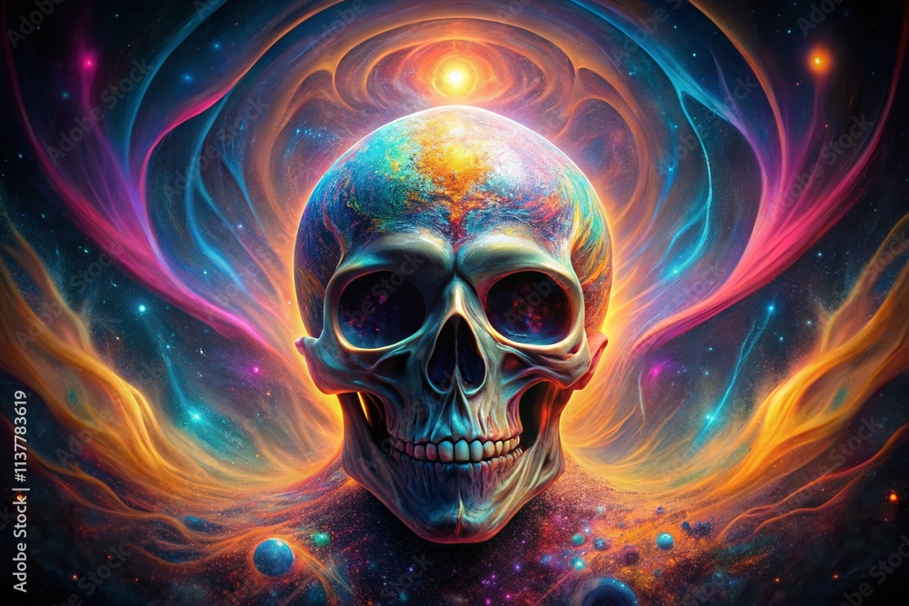 Aufkleber psychedelic alien skull with long exposure effects creating a vibrant and surreal cosmic atmosphere 