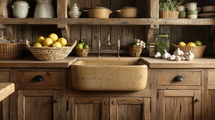 A warm and inviting kitchen featuring reclaimed wooden cabinetry and an apron sink made from recycled materials. A large ceramic bowl on the counter holds fresh lemons and limes, while woven 