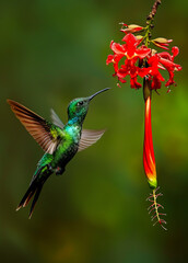 A vibrant hummingbird colibri near a flower in a tropical rainforest, capturing the beauty of nature and wildlife in action.