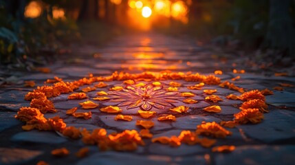 Vibrant Marigold Mandala Reflection on Rippling Water
