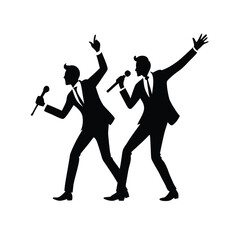 Fototapeta premium a black silhouette of two men dancing and singing into microphones.