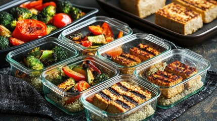 Fototapeta premium A wholesome meal prep station with glass containers filled with quinoa, roasted vegetables, and grilled tofu. The scene is organized and visually appealing, representing clean eating and preparation. 