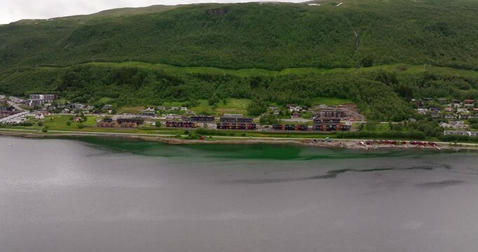Holiday Rental Accommodation Along Troms&oslash; Road E8 In Troms&oslash;, Norway. Aerial Wide Shot