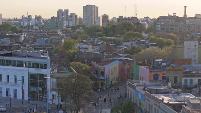 Aerial drone view of the tourist Caminito, La Boca, Buenos Aires, Argentina