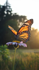 Obraz premium A vibrant orange butterfly perched delicately on a pink flower, basking in the golden glow of sunset, surrounded by lush greenery.