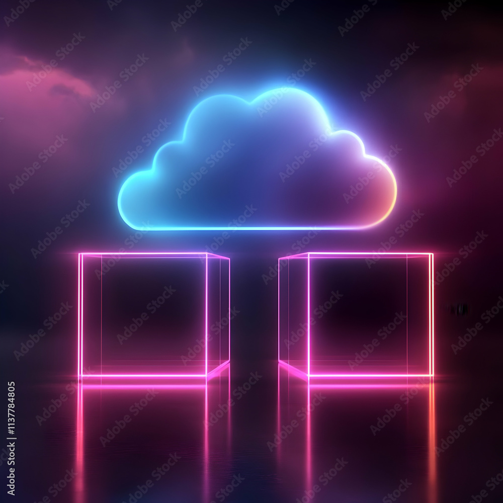 Aufkleber neon cloud data cube 3d abstract background