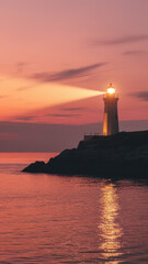 A striking lighthouse glowing at dusk, casting light over tranquil waters with vibrant sunset hues reflecting on the surface.