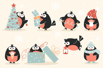 collection of New Year bullfinches in flat style
