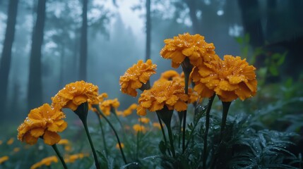Vibrant Marigolds Blooming in Misty Forest