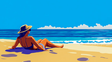 A relaxing woman lounging on a sandy beach with the serene blue ocean in the background