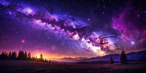 Obraz premium Purple Starry Night Sky Photography: Celestial Wonders, Galactic Nebula, Cosmic Landscape, Night Photography